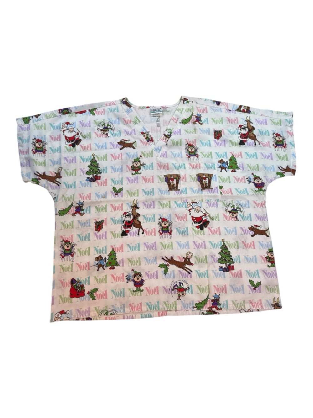 SBA Basic Christmas Holiday Scrub Top Noel Santa Reindeer Elf Print Size XL